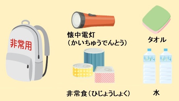 懐中電灯、タオル、非常食、水