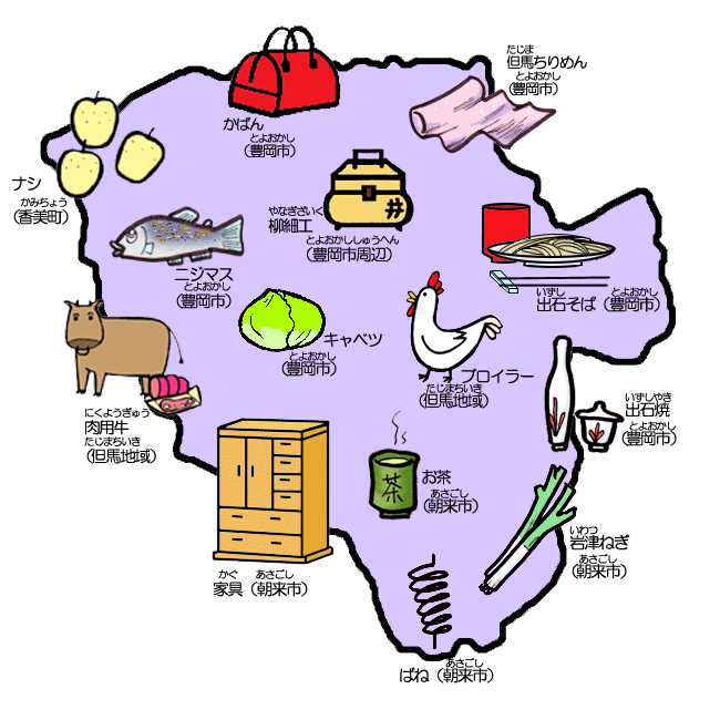 但馬地域の特産品（かばん、但馬ちりめん、出石そば、柳細工、家具、ばね、お茶、岩津ねぎ、ナシ、肉用牛、ブロイラーなど）